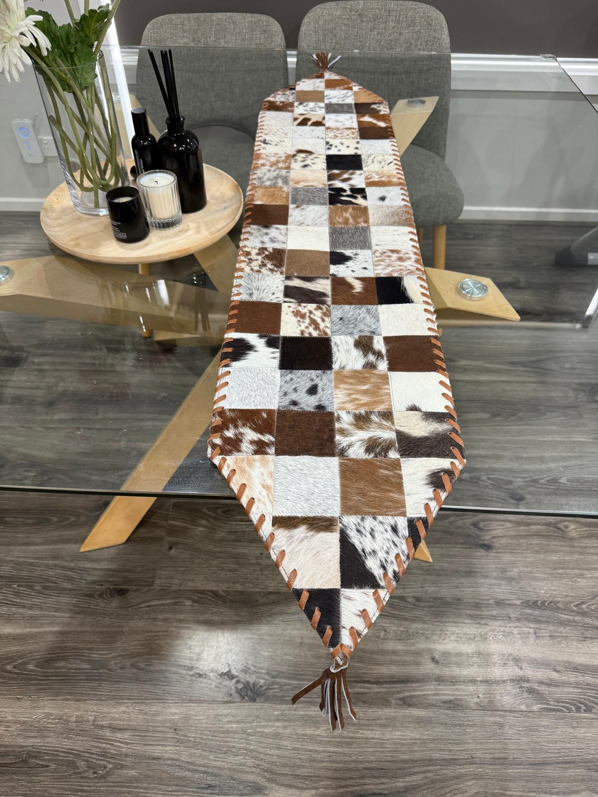 Handmade Cowhide Table Runner – Patchwork Dining Table Decor Leather Lovers