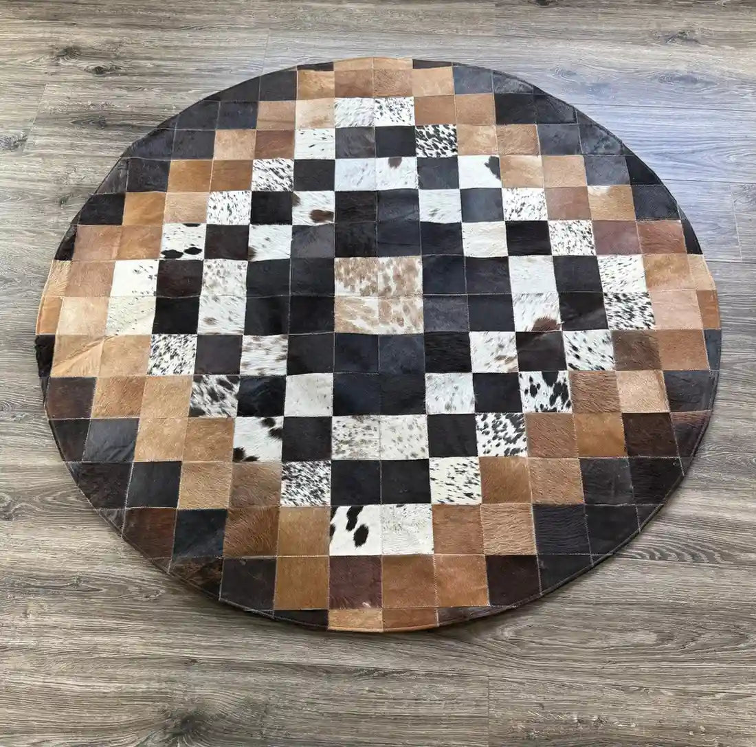 Cowhide Area Rug Patchwork Design Round Fade Resistant
