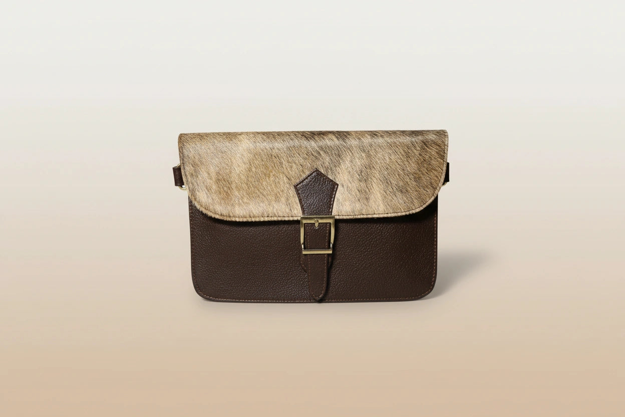 Handbag with two-tone design on a beige background