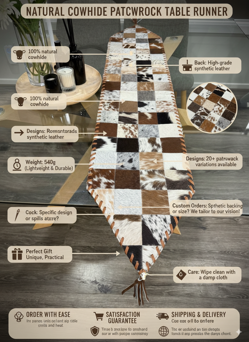 Cowhide patchwork table runner with product details on a wooden surface