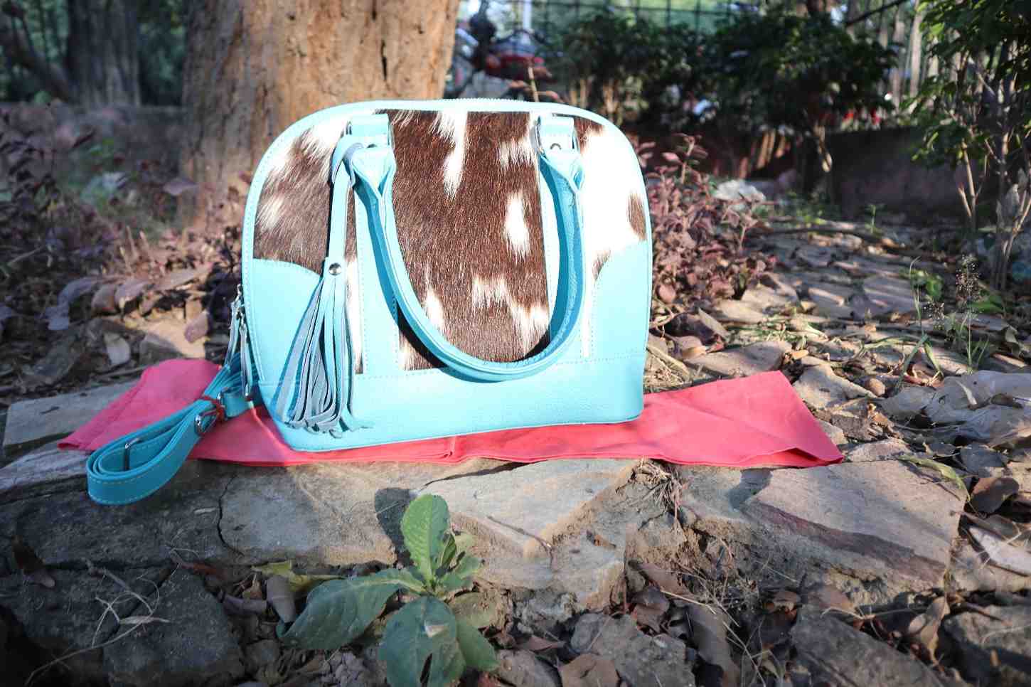 Turquoise pet carrier with brown cowhide pattern on a red blanket outdoors.
